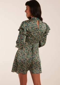 Blue Vanilla Green Ruffle Sleeve High Neck Swing Dress