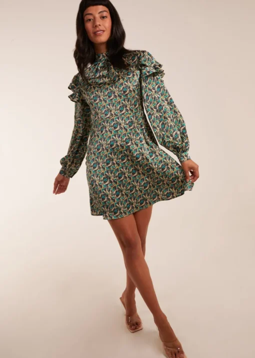 Blue Vanilla Green Ruffle Sleeve High Neck Swing Dress