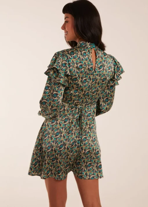 Blue Vanilla Green Ruffle Sleeve High Neck Swing Dress