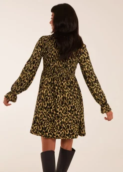 Blue Vanilla Green Shirred Trapeze Frill Neck And Sleeve Mini Dress