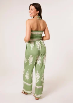 Blue Vanilla Green Strapless Shirred Waist Jumpsuit