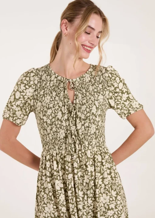 Blue Vanilla Green Tie Keyhole Front Puff Sleeve Dress