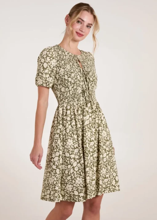 Blue Vanilla Green Tie Keyhole Front Puff Sleeve Dress