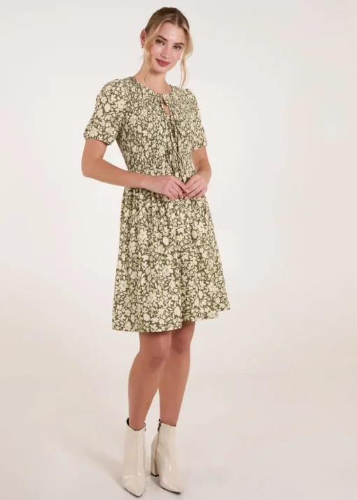 Blue Vanilla Green Tie Keyhole Front Puff Sleeve Dress