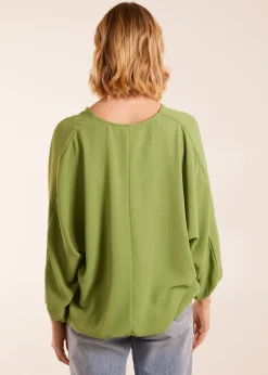 Blue Vanilla Green V Neck Puff Sleeve Blouse