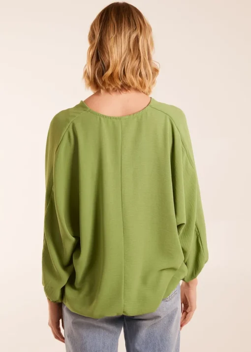 Blue Vanilla Green V Neck Puff Sleeve Blouse