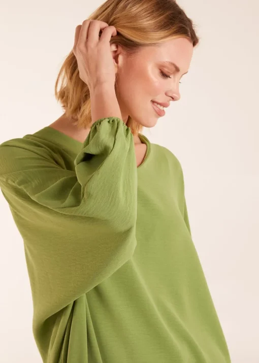 Blue Vanilla Green V Neck Puff Sleeve Blouse