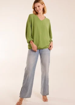 Blue Vanilla Green V Neck Puff Sleeve Blouse