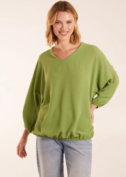 Blue Vanilla Green V Neck Puff Sleeve Blouse