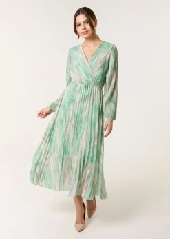 Blue Vanilla Green Watercolour Printed Wrap Pleated Midi Dress