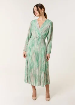 Blue Vanilla Green Watercolour Printed Wrap Pleated Midi Dress