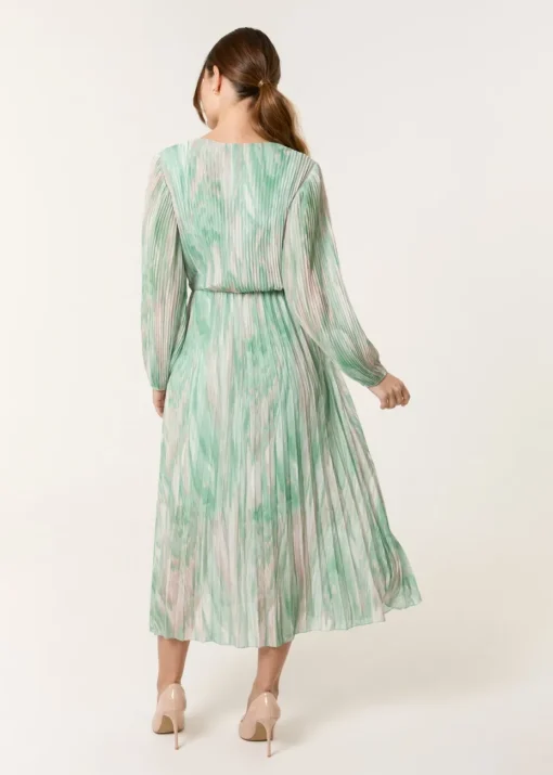 Blue Vanilla Green Watercolour Printed Wrap Pleated Midi Dress