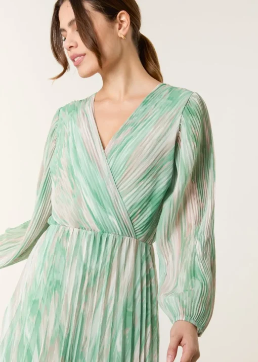 Blue Vanilla Green Watercolour Printed Wrap Pleated Midi Dress