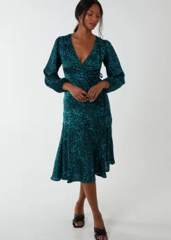 Blue Vanilla Green Wrap Front Midi Dress