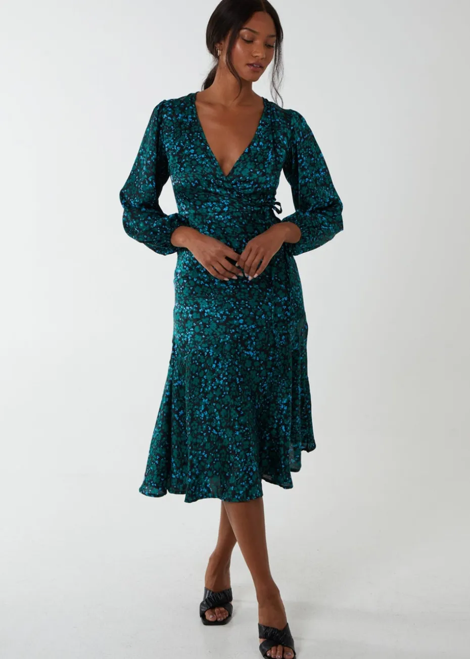 Blue Vanilla Green Wrap Front Midi Dress