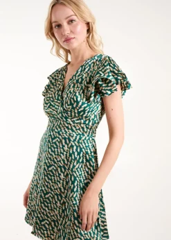Blue Vanilla Green Wrap Ruffle Mini Dress