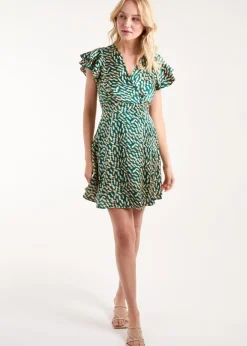 Blue Vanilla Green Wrap Ruffle Mini Dress