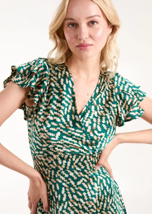 Blue Vanilla Green Wrap Ruffle Mini Dress