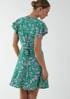 Blue Vanilla Green Wrap Ruffle Mini Dress