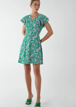 Blue Vanilla Green Wrap Ruffle Mini Dress