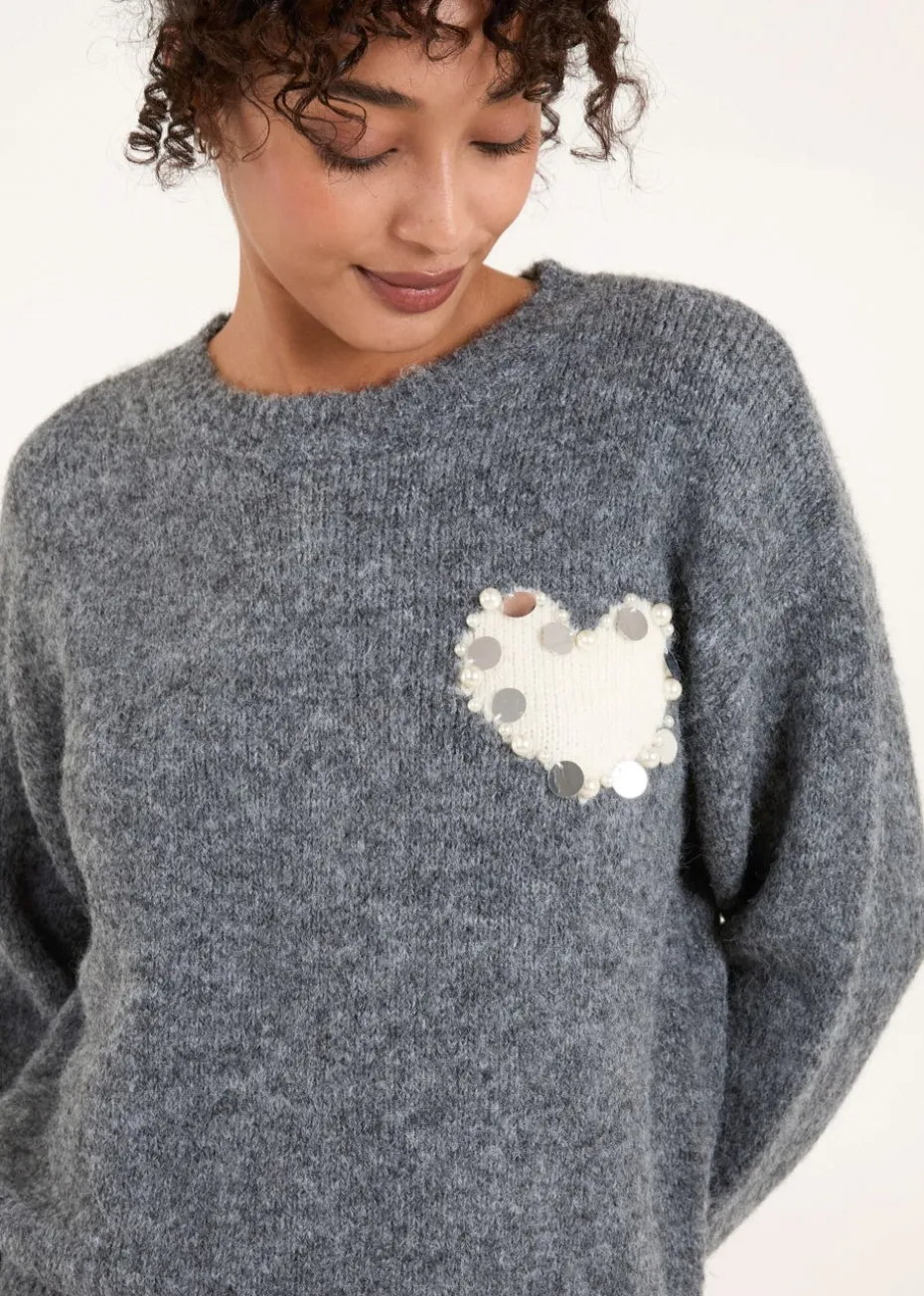Blue Vanilla Grey Embellished Heart Knit Jumper