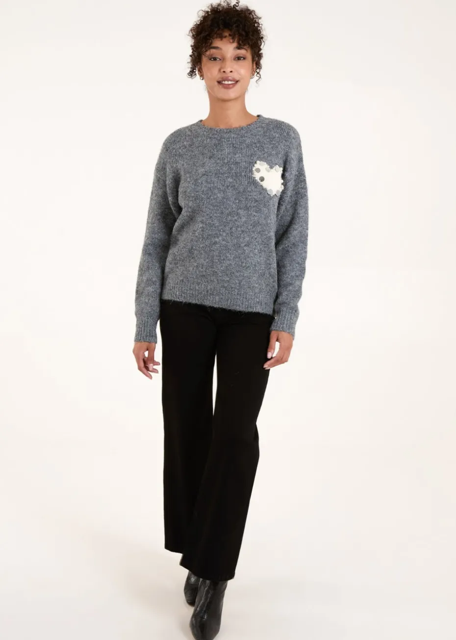 Blue Vanilla Grey Embellished Heart Knit Jumper