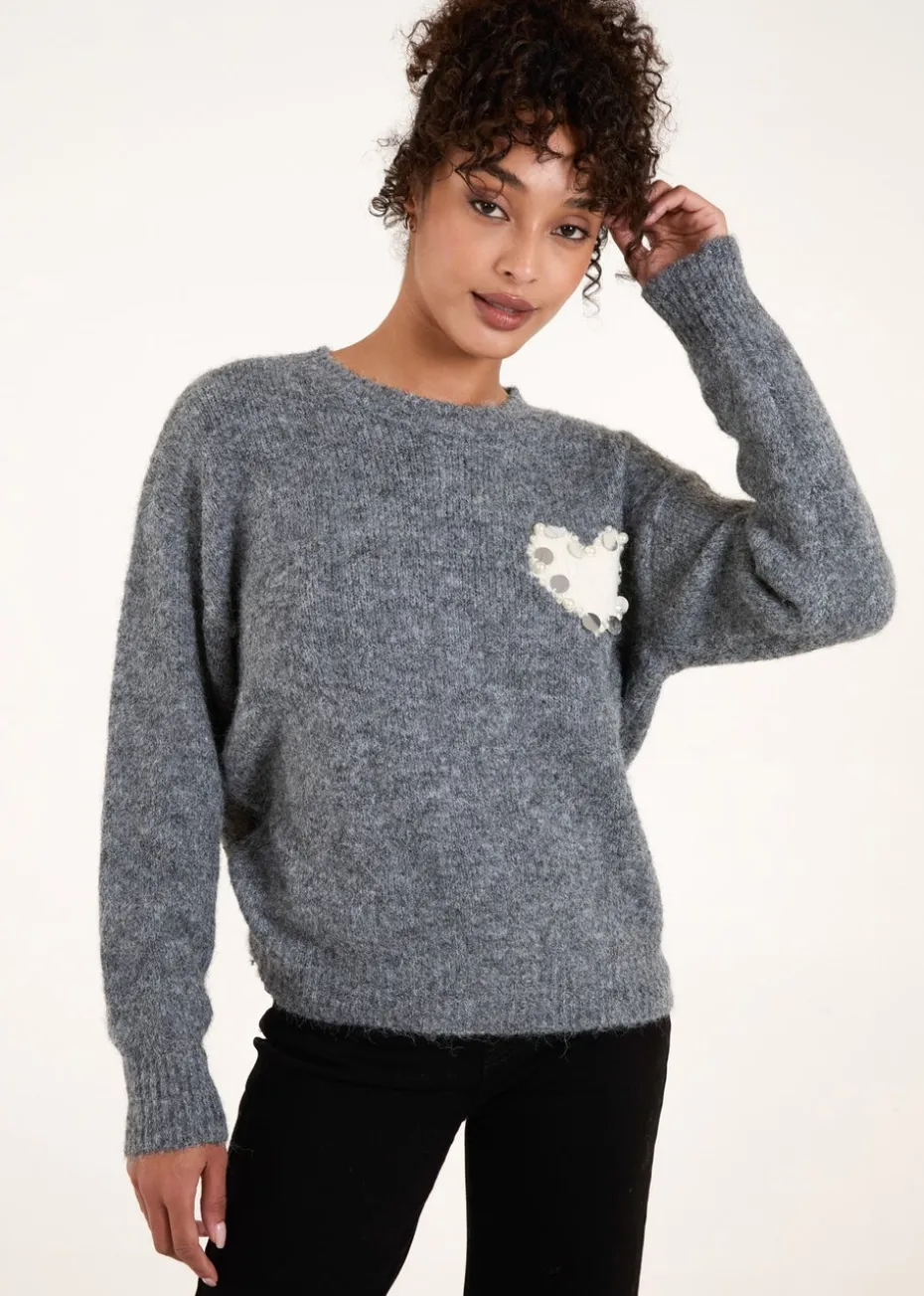 Blue Vanilla Grey Embellished Heart Knit Jumper