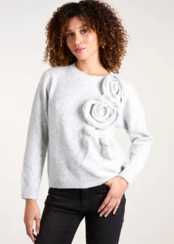 Blue Vanilla Grey Knit Corsage Flower Jumper