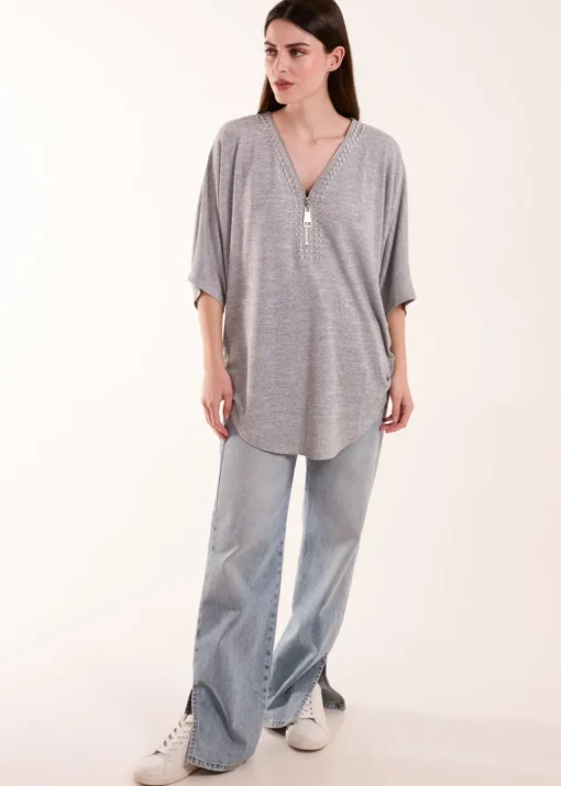Blue Vanilla Grey Studded Zip Front Top