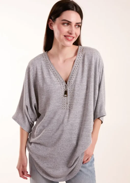 Blue Vanilla Grey Studded Zip Front Top