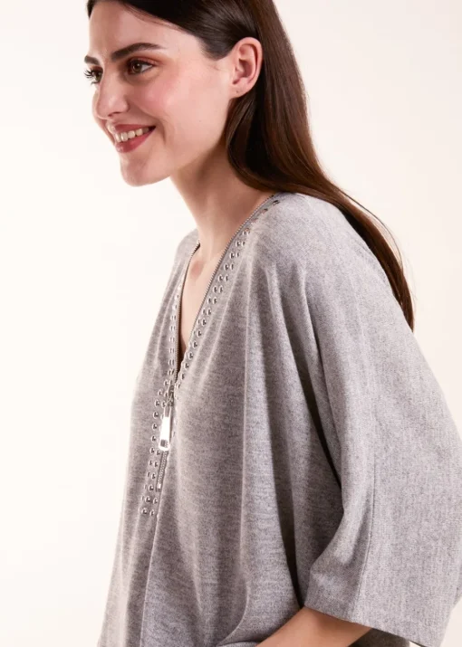 Blue Vanilla Grey Studded Zip Front Top