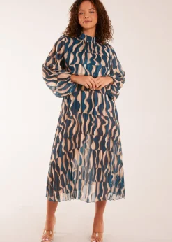 Blue Vanilla High Neck Pleated Metallic Geometric Print Midi Dress