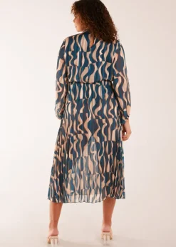 Blue Vanilla High Neck Pleated Metallic Geometric Print Midi Dress