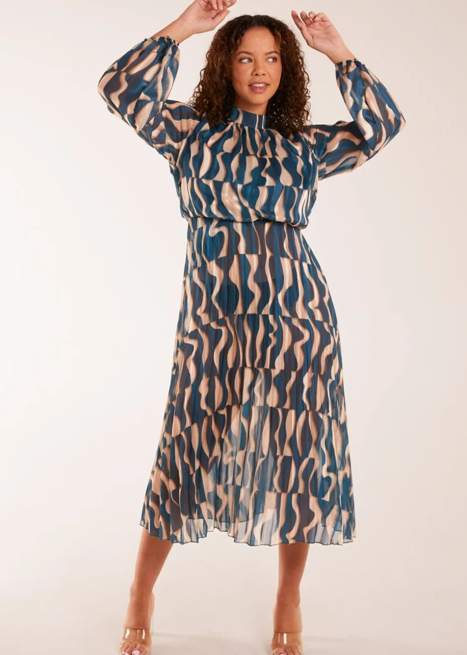 Blue Vanilla High Neck Pleated Metallic Geometric Print Midi Dress
