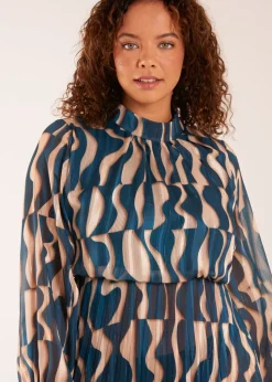 Blue Vanilla High Neck Pleated Metallic Geometric Print Midi Dress