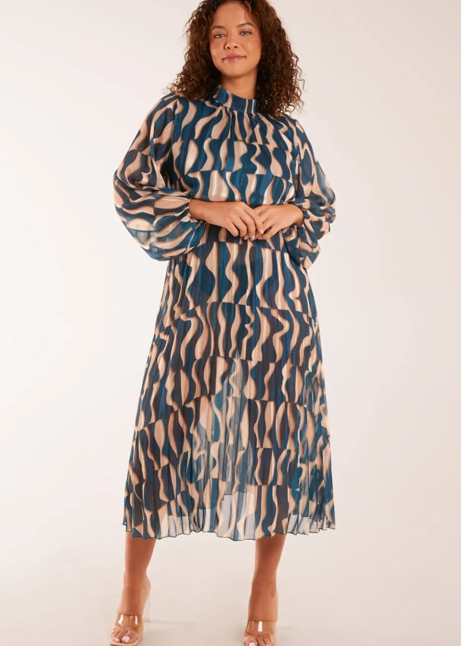 Blue Vanilla High Neck Pleated Metallic Geometric Print Midi Dress
