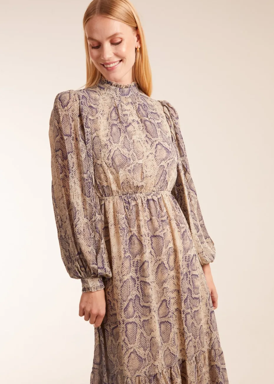 Blue Vanilla High Neck Pleated Sleeve Reptile Midi Dress