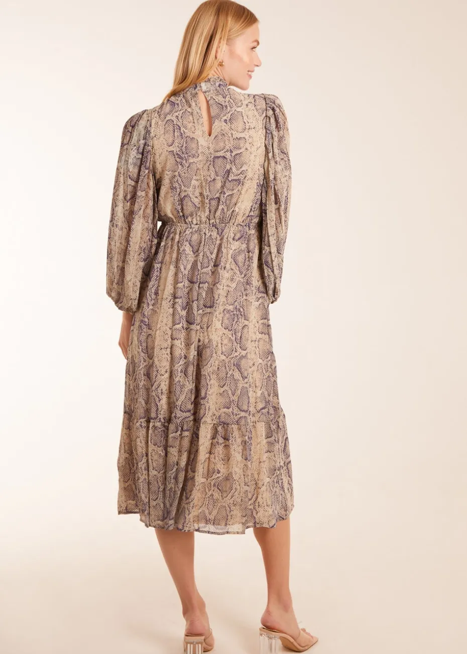 Blue Vanilla High Neck Pleated Sleeve Reptile Midi Dress