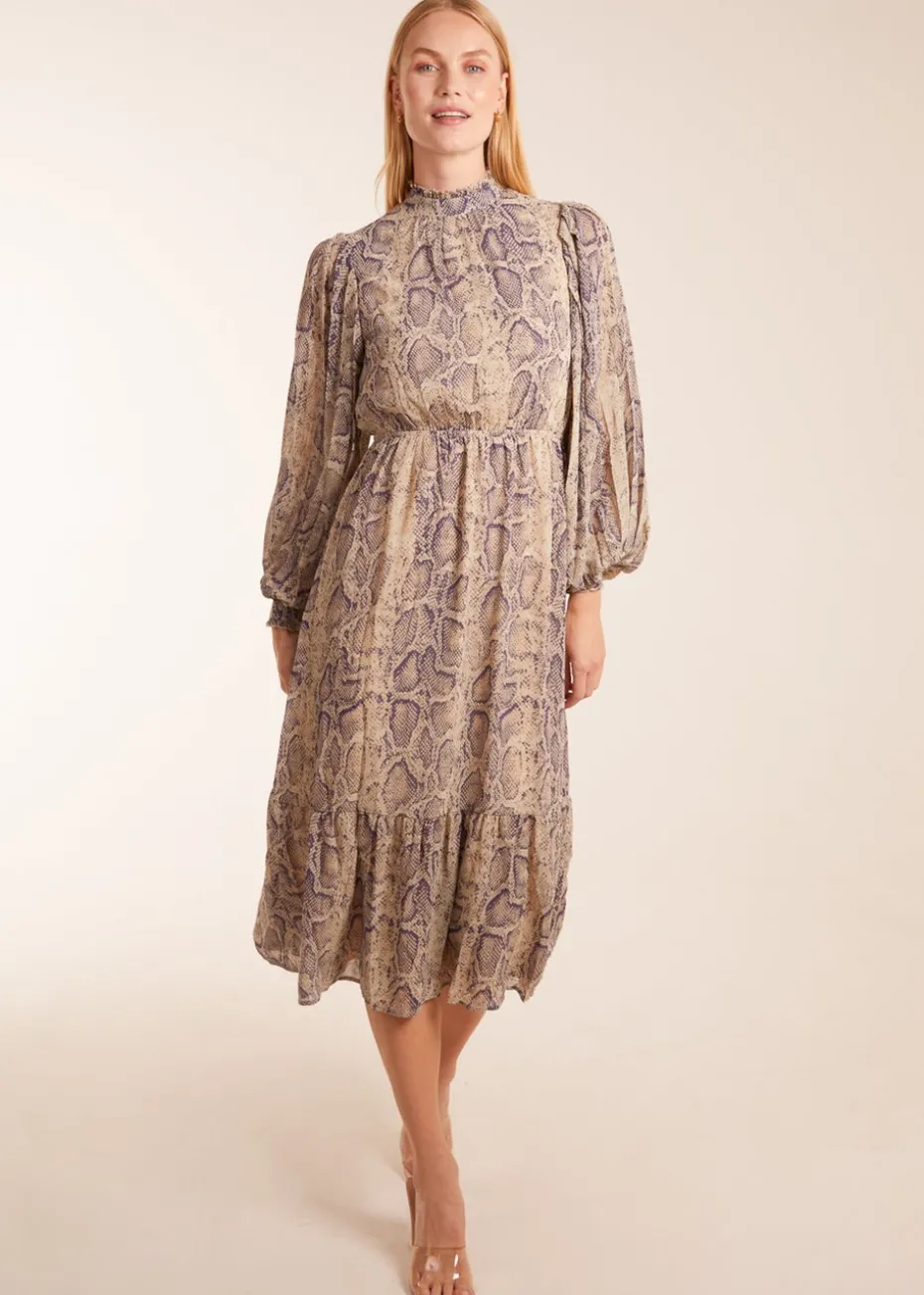 Blue Vanilla High Neck Pleated Sleeve Reptile Midi Dress