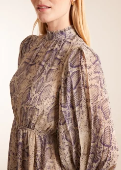 Blue Vanilla High Neck Pleated Sleeve Reptile Midi Dress