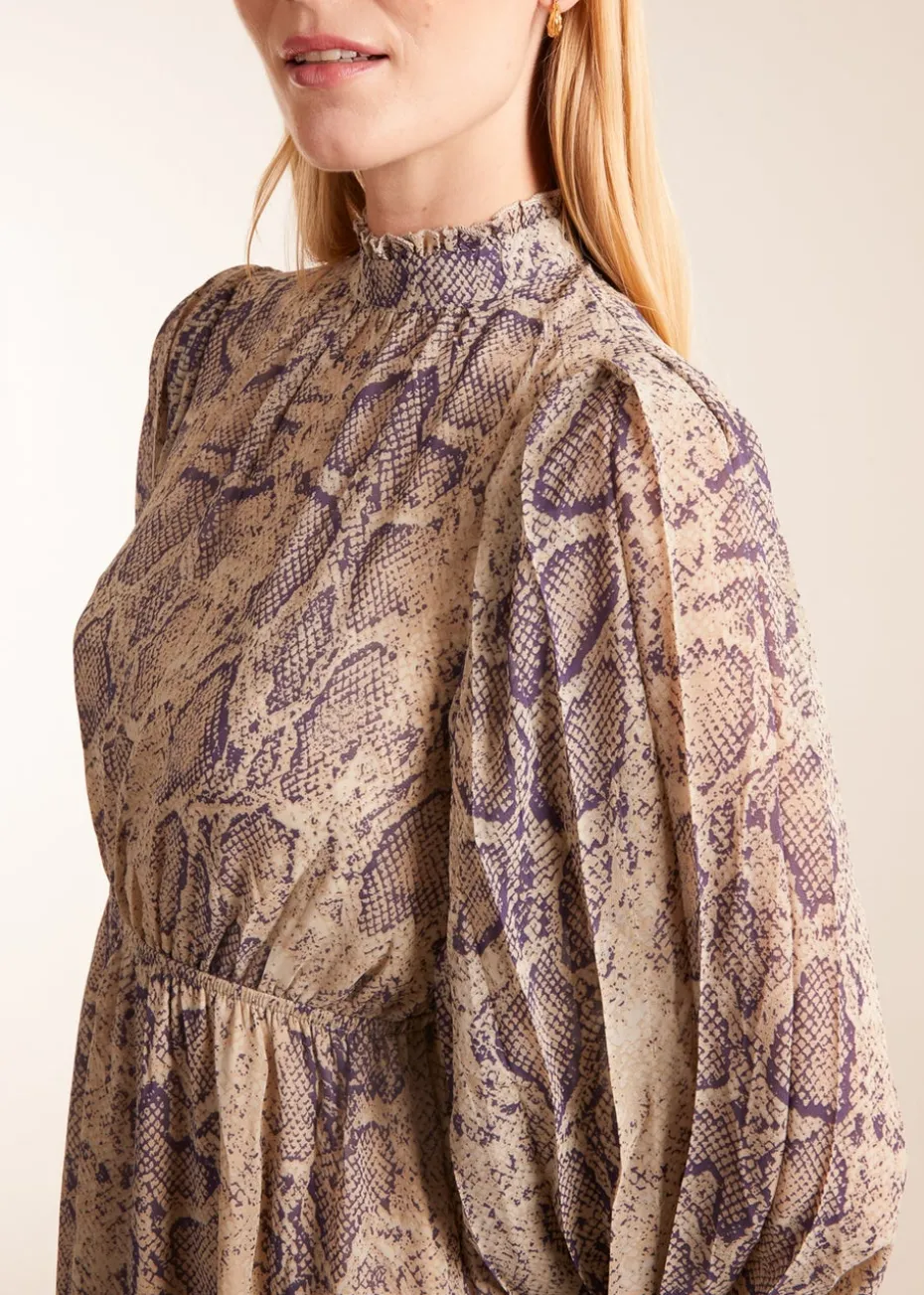 Blue Vanilla High Neck Pleated Sleeve Reptile Midi Dress