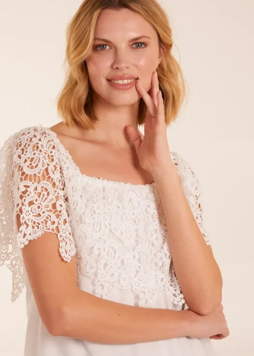 Blue Vanilla Ivory Crochet Lace Puff Ball Top
