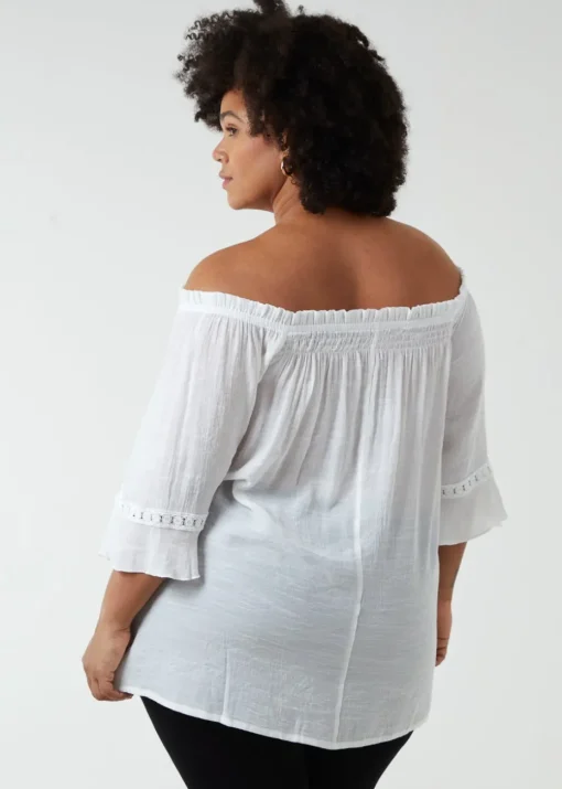 Blue Vanilla Ivory Curve Bardot Tie Front Top