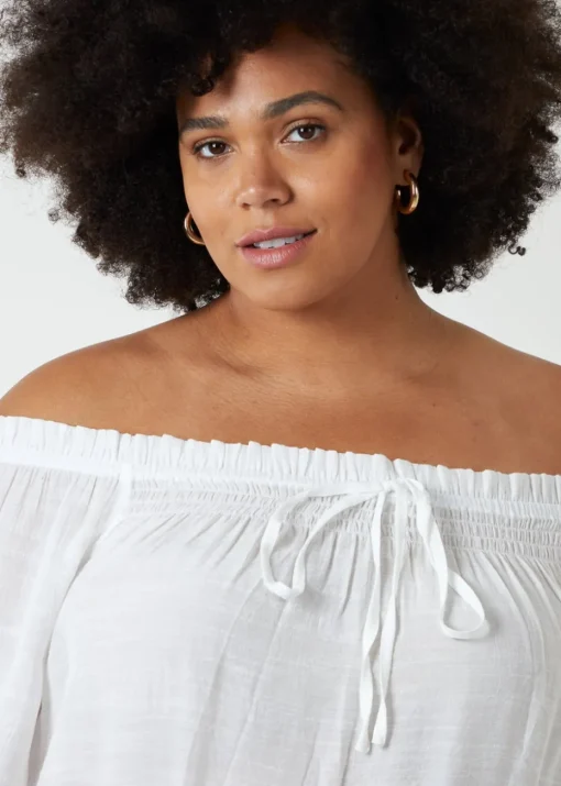 Blue Vanilla Ivory Curve Bardot Tie Front Top