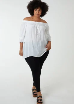 Blue Vanilla Ivory Curve Bardot Tie Front Top