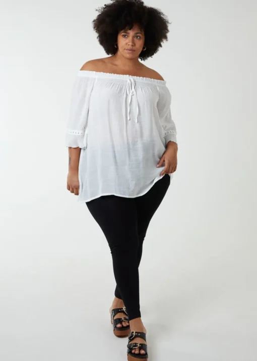 Blue Vanilla Ivory Curve Bardot Tie Front Top