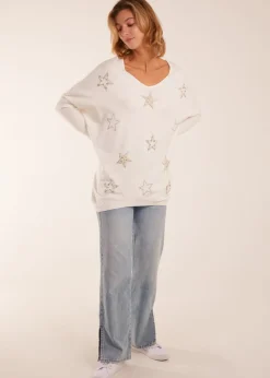 Blue Vanilla Ivory Diamante Pearl Star Jumper