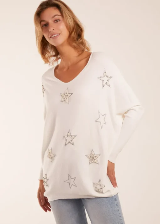 Blue Vanilla Ivory Diamante Pearl Star Jumper