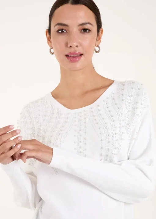 Blue Vanilla Ivory Embellished Pearl Knitted Jumper