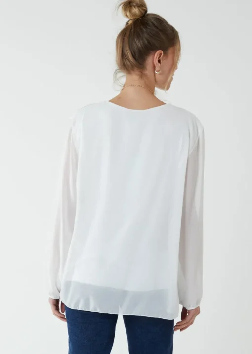 Blue Vanilla Ivory Long Sleeve Pleated Top